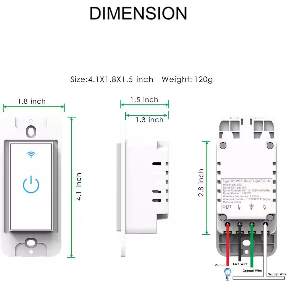 15 Amp Smart Wifi Touch Light Switch with Alexa and Google Home Compatibility, App Control, Neutral Wire, White