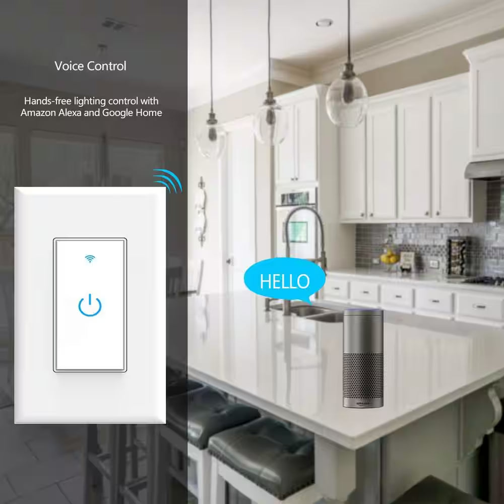 15 Amp Smart Wifi Touch Light Switch with Alexa and Google Home Compatibility, App Control, Neutral Wire, White