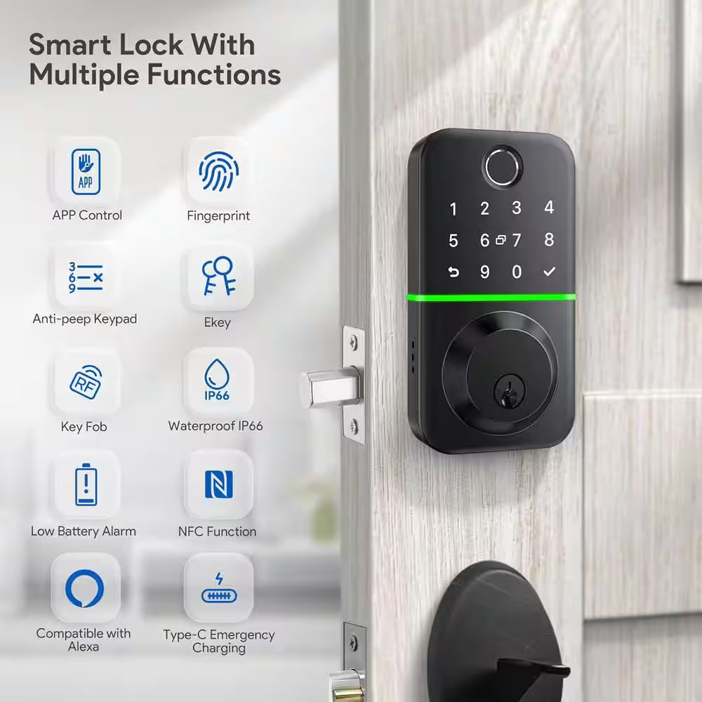 Smart Door Lock Deadbolt, Polished Black Single Cyclinder Deadbolt with Easy Installation