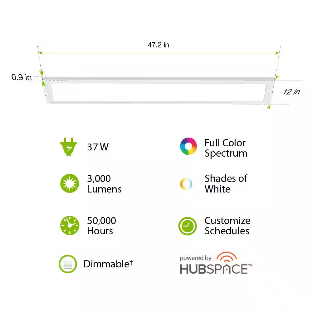 1-Pack 1 Ft. X 4 Ft. Smart Color Selectable RGBW Integrated LED White Flat Panel Ceiling Flush Mount Powered by Hubspace
