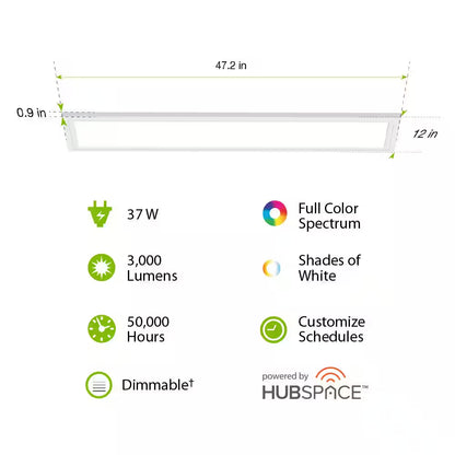 1-Pack 1 Ft. X 4 Ft. Smart Color Selectable RGBW Integrated LED White Flat Panel Ceiling Flush Mount Powered by Hubspace