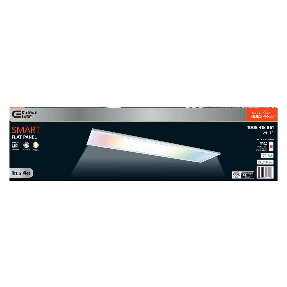 1-Pack 1 Ft. X 4 Ft. Smart Color Selectable RGBW Integrated LED White Flat Panel Ceiling Flush Mount Powered by Hubspace